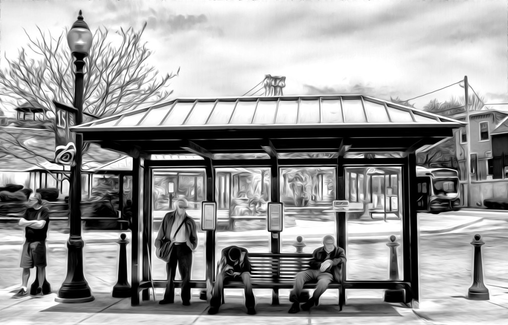 lancaster scenes at the bus stop-5 b&w